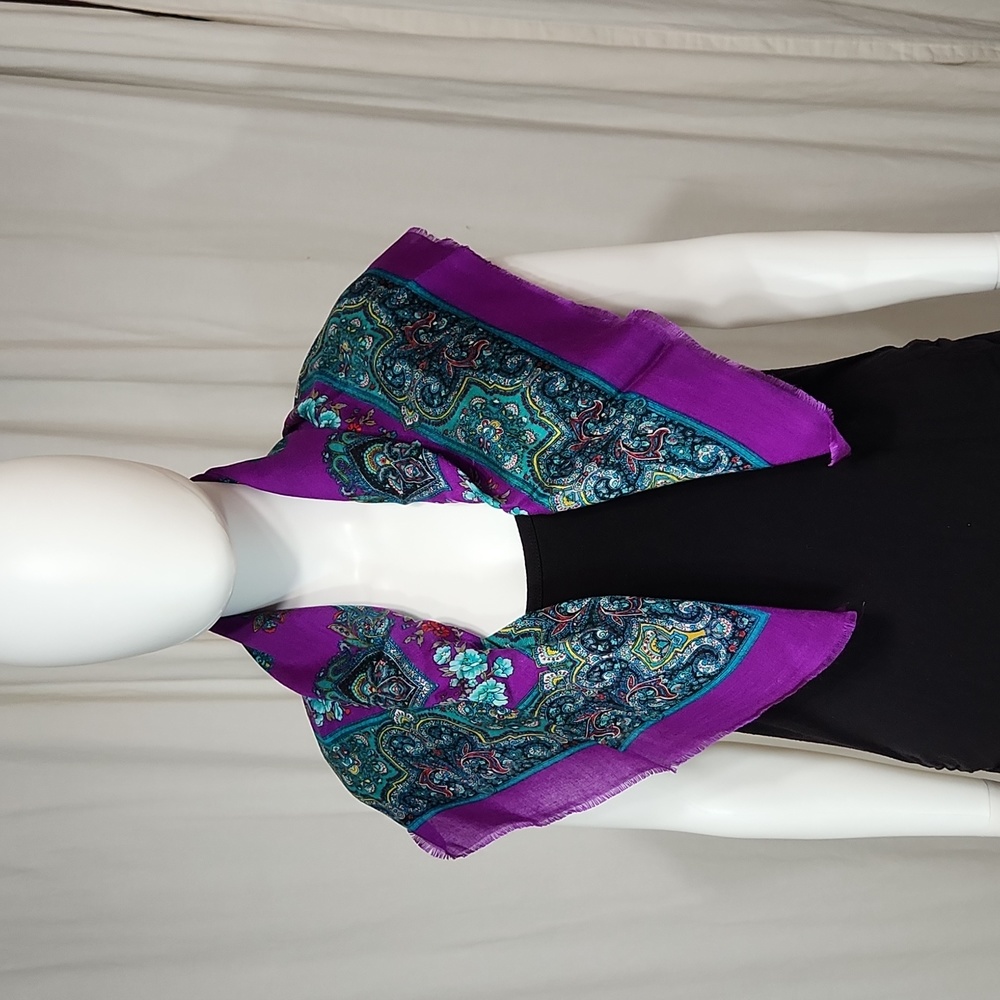 ☀️Vintage Glemtex Square Purple & Teal Multicolored Paisley Print Scarf Acrylic